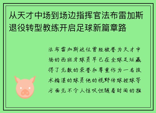 从天才中场到场边指挥官法布雷加斯退役转型教练开启足球新篇章路